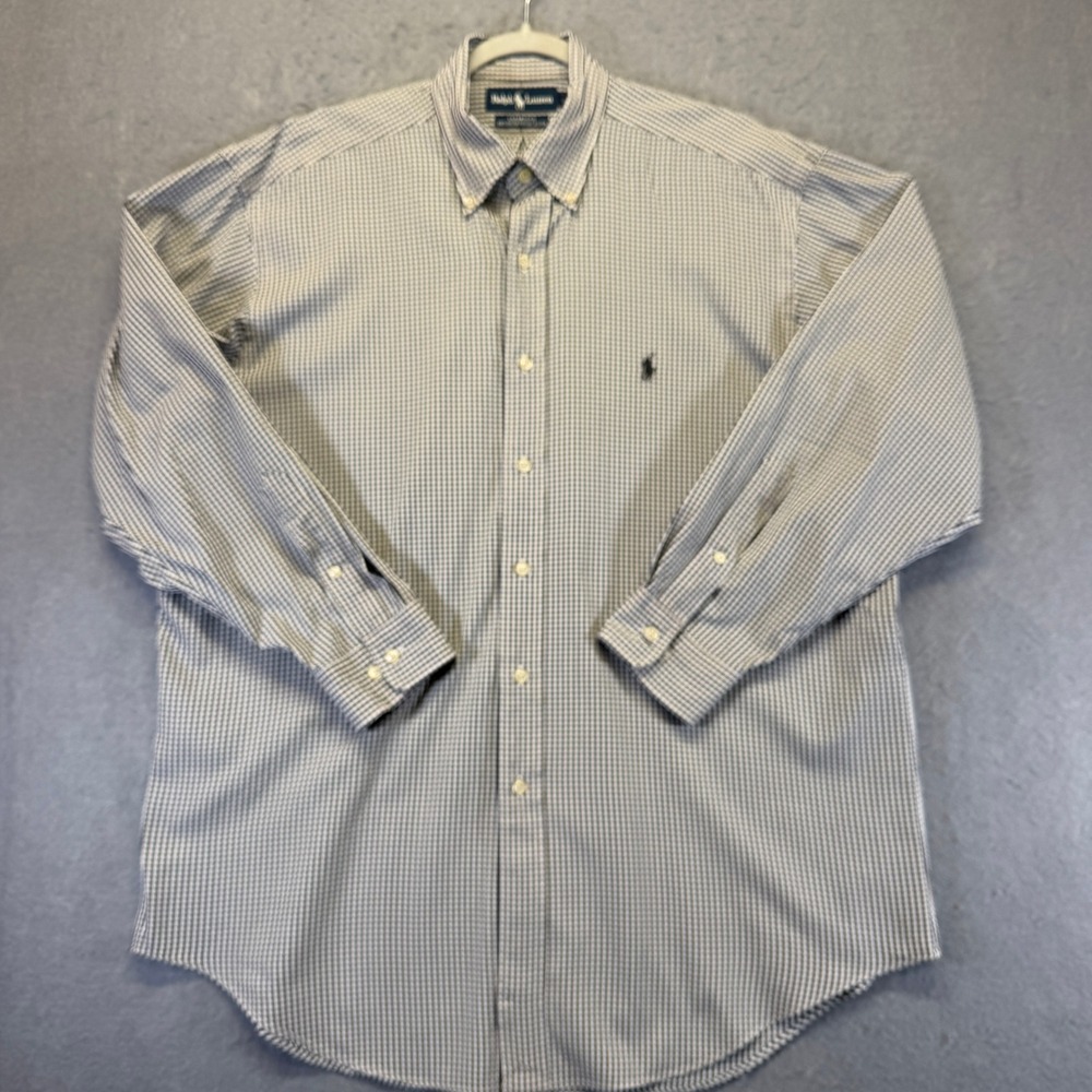 Ralph Lauren Yarmouth Mens 16.5 32/33 Navy White Gingham Pinpoint Oxford Shirt